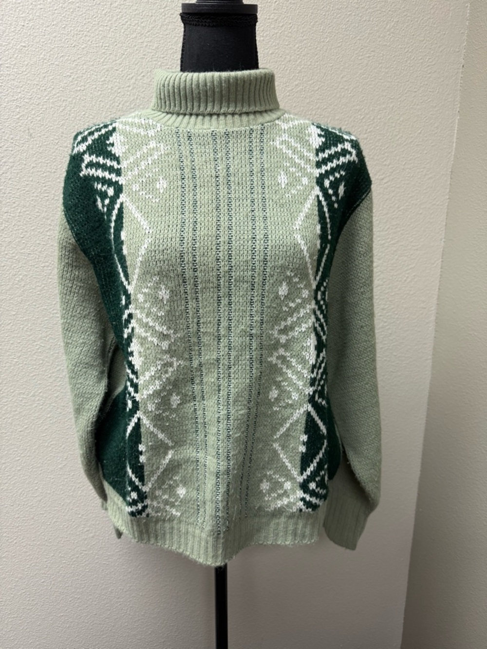 Vintage Puritan Ski Sweater Green Turtleneck Nordic Fair Isle Medium USA - Picture 2 of 8
